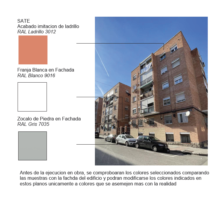 Fotografía de fachada y muestras de color del proyecto en Calle Algodre 2